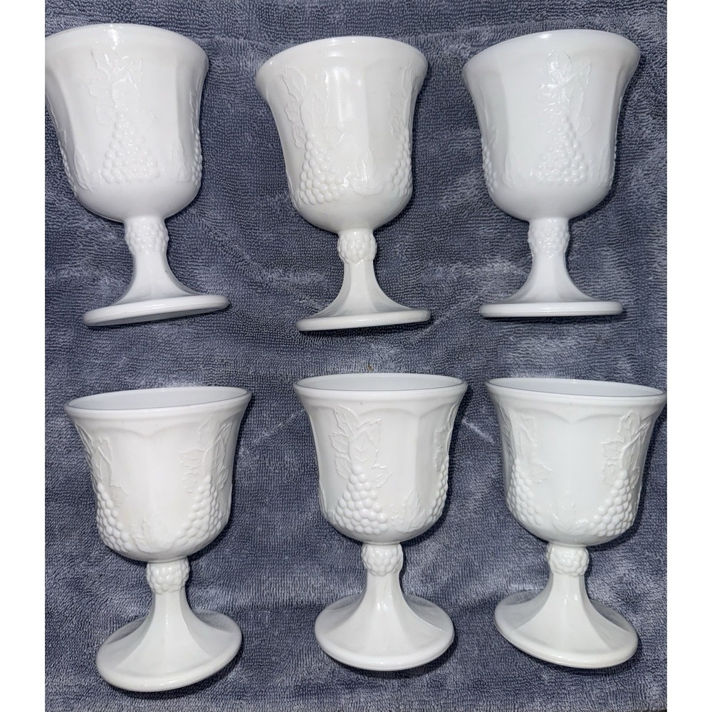 6 White Milk Glass Goblets Indiana Colony Harvest Grape Footed Set 6 Thick EUC